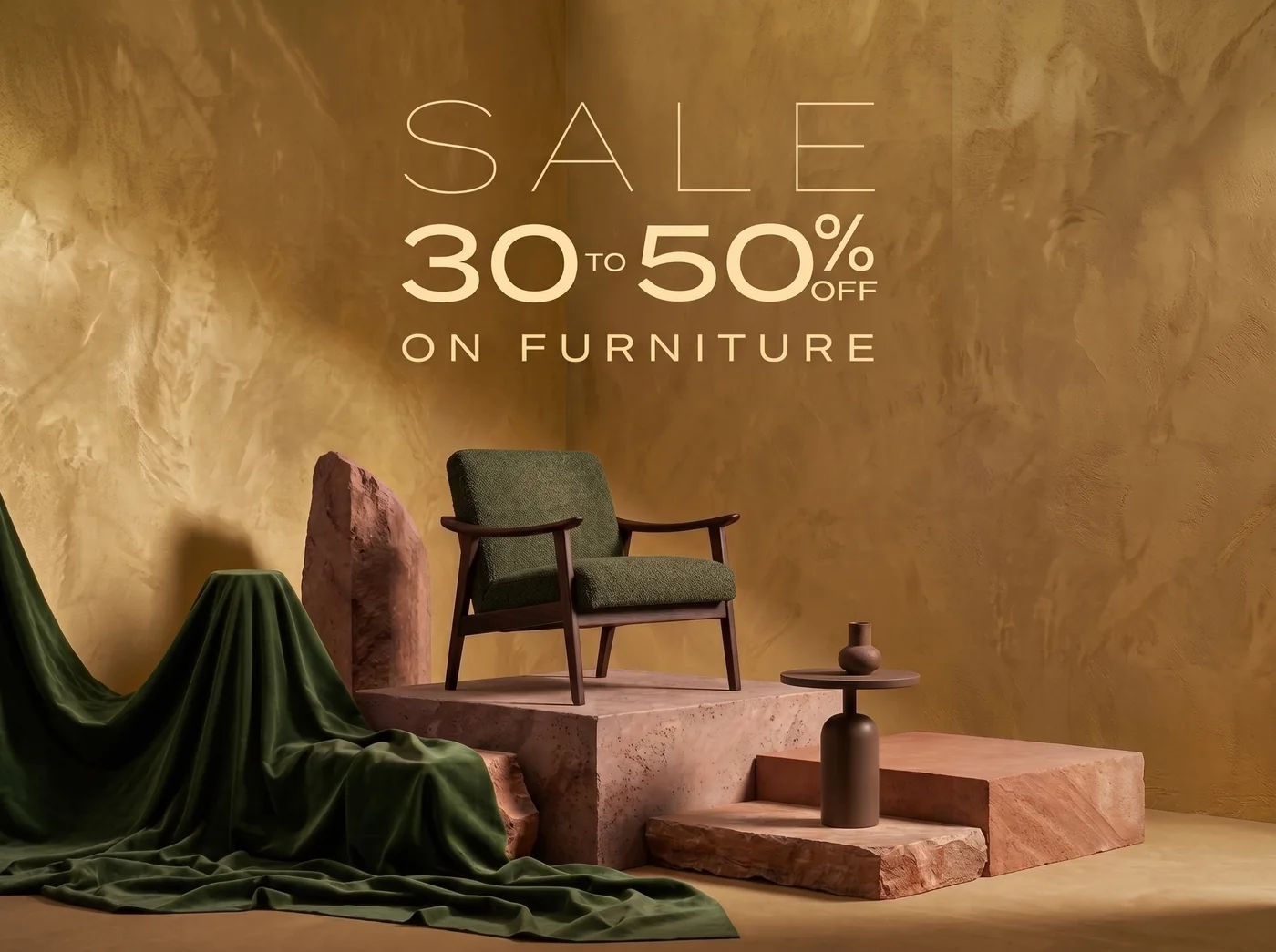 Sale, 30 to 50 percent off furniture: an olive armchair on stone blocks against a gold wall